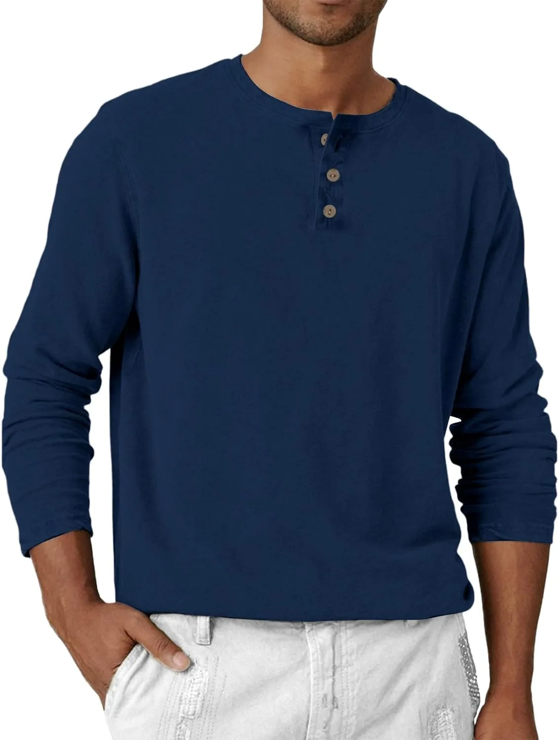 Летняя рубашка для мужчин, Long Sleeve Solid Color Henley, Casual — фото 3