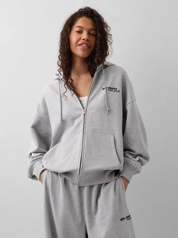 Толстовка gap awake ny heavyweight oversized с логотипом на молнии Gap, Light Grey Heather — фото 4
