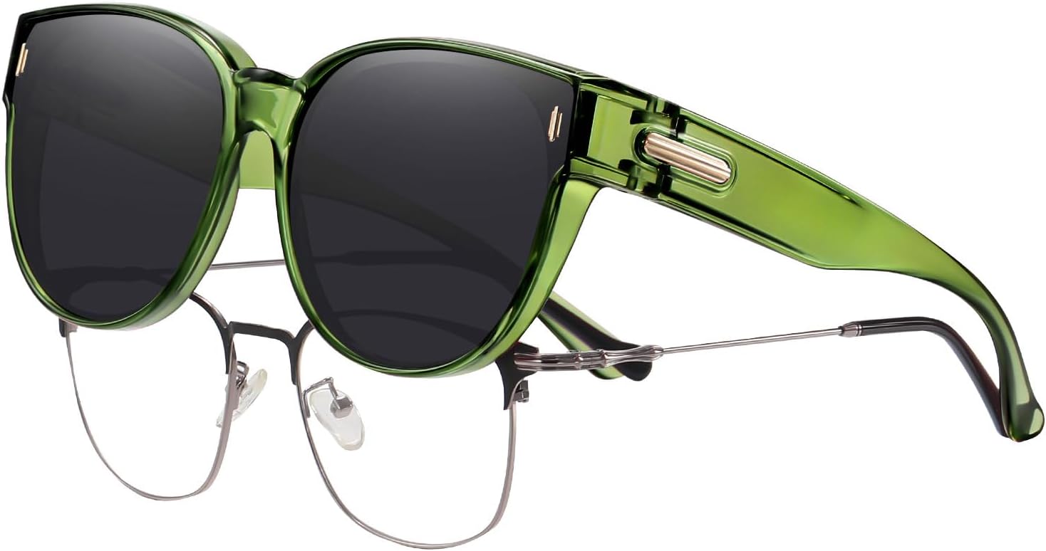 

Солнцезащитные очки HAOLOTA Fit Over Glasses для женщин, большие поляризованные очки для вождения, модные очки «кошачий глаз» с защитой от УФ-излучения UV400, A09 Clear Green Frame Grey Lens