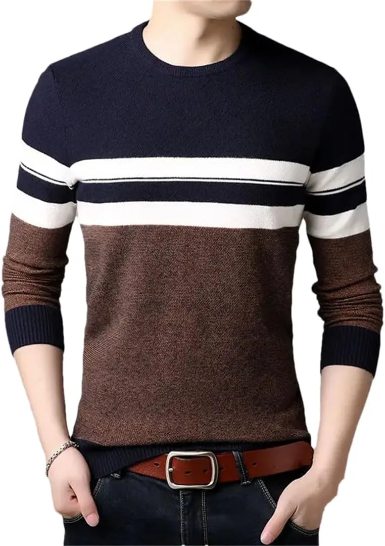 

Мужской свитер с круглым вырезом и длинными рукавами, полоска и пэчворк