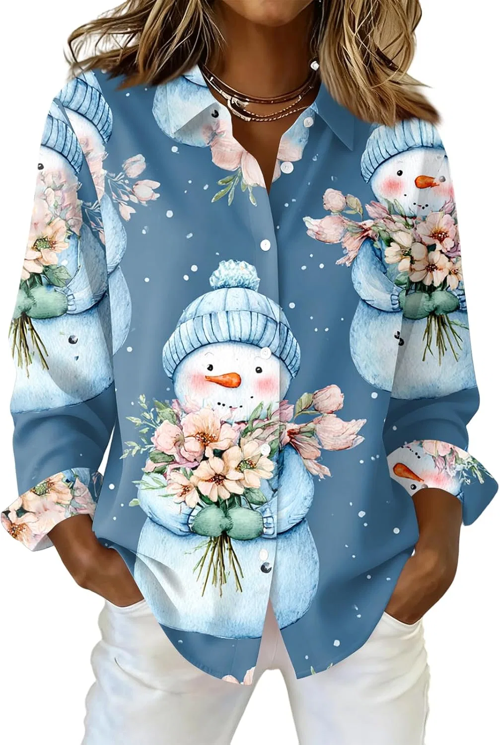 Женская блуза с рождественским принтом, Casual, Oversized, 1-light Blue