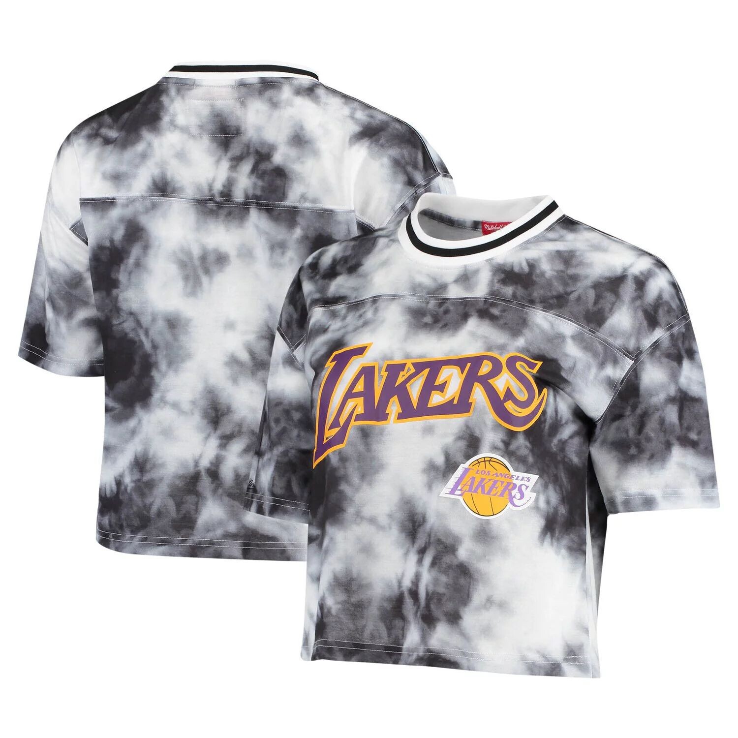 

Женская черно-белая укороченная футболка Mitchell & Ness Los Angeles Lakers Hardwood Classics с принтом тай-дай, Черный, Женская черно-белая укороченная футболка Mitchell & Ness Los Angeles Lakers Hardwood Classics с принтом тай-дай