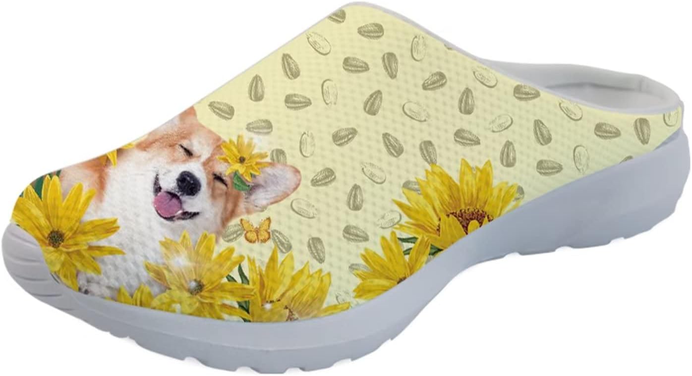 

Кроссовки-мюли Forchrinse Blue Cow для женщин, без задника, с сеткой, на платформе, удобные домашние, и спортивные тапочки, Sunflower Corgi