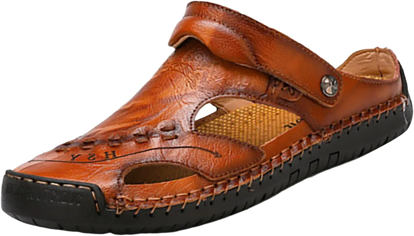 

CsgrFagr Men's Summer Breathable Hand Sewn Foot Covering Casual Beach Lazy PU Foreign Trade Сандалии Men Leather Сандалии Size 9 (Black, 10.5) No Brand