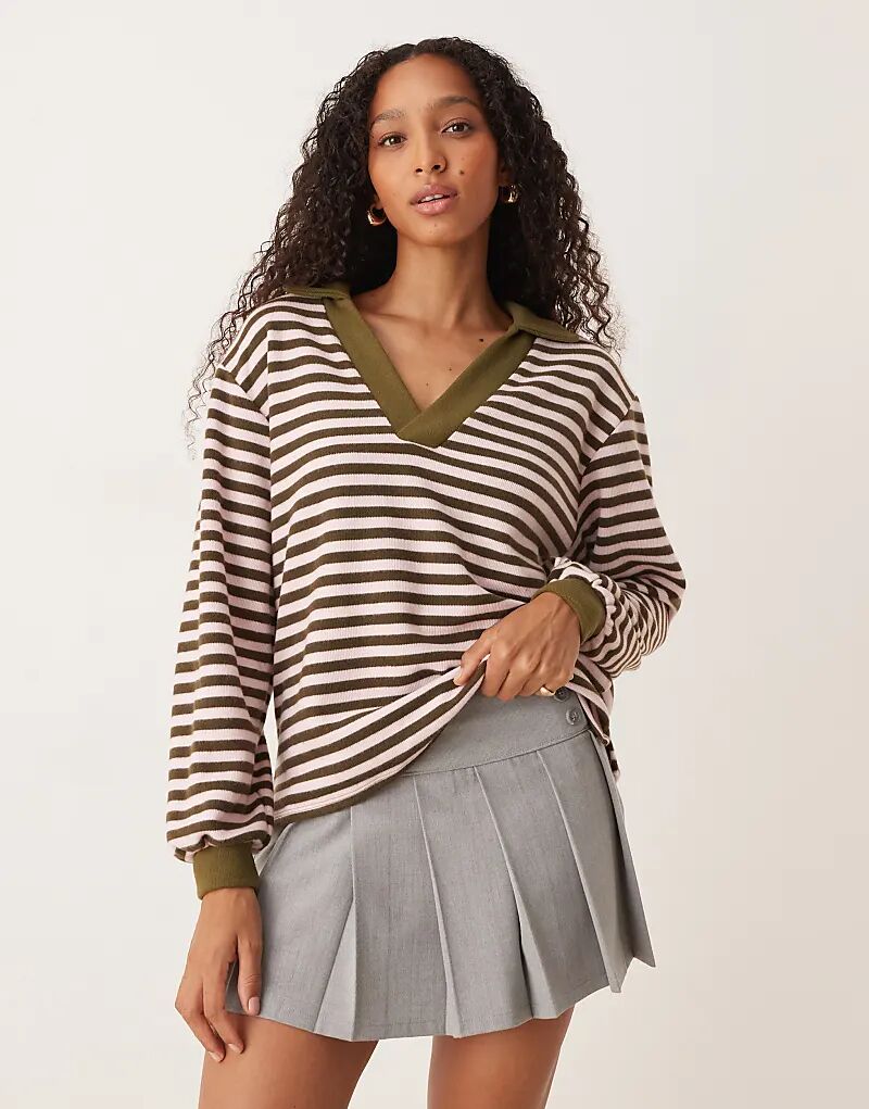 

Супермягкий свободный топ-регби ASOS DESIGN в полоску цвета хаки — KHAKI