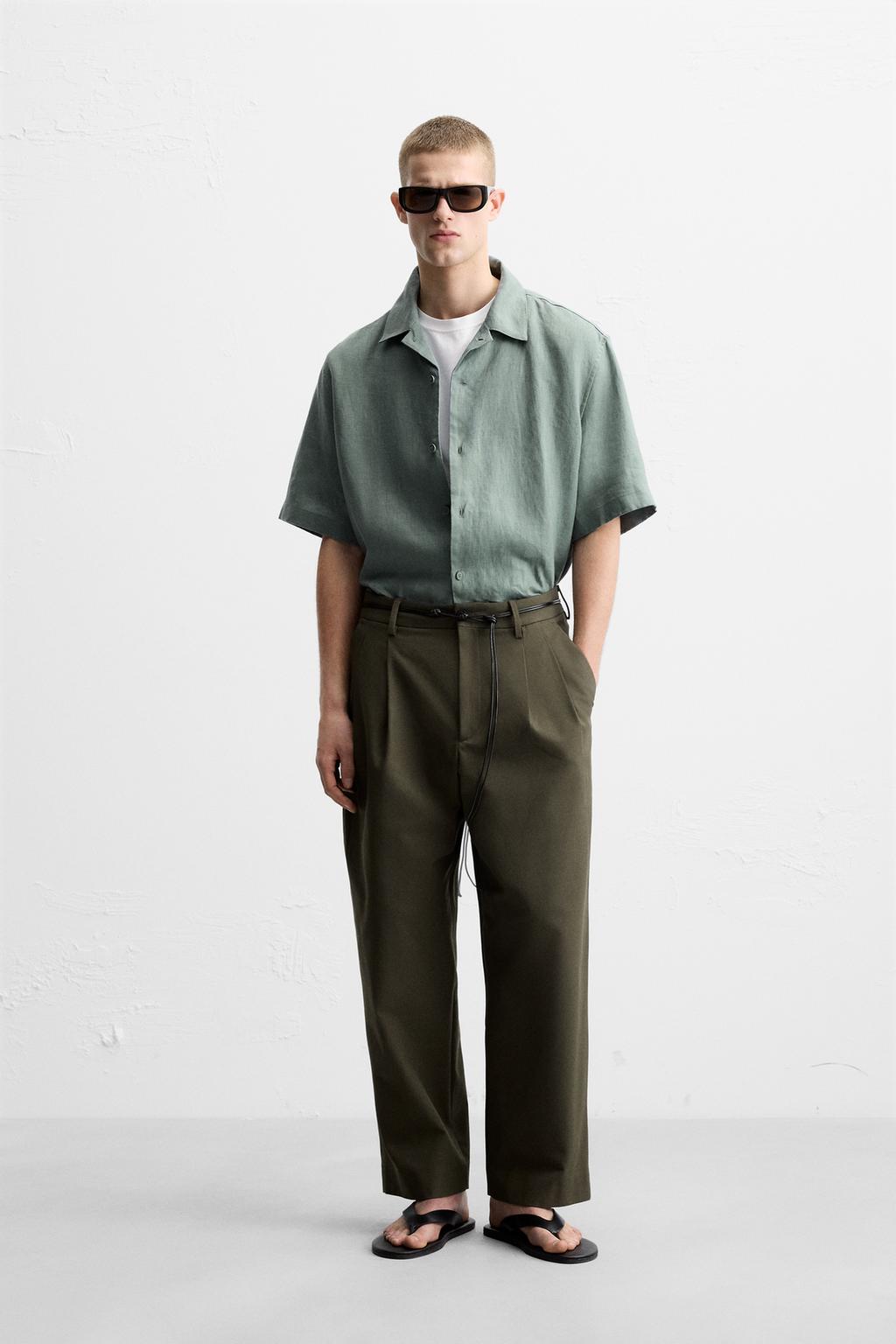 

Рубашка свободного покроя из 100% льна ZARA, цвет Grey green