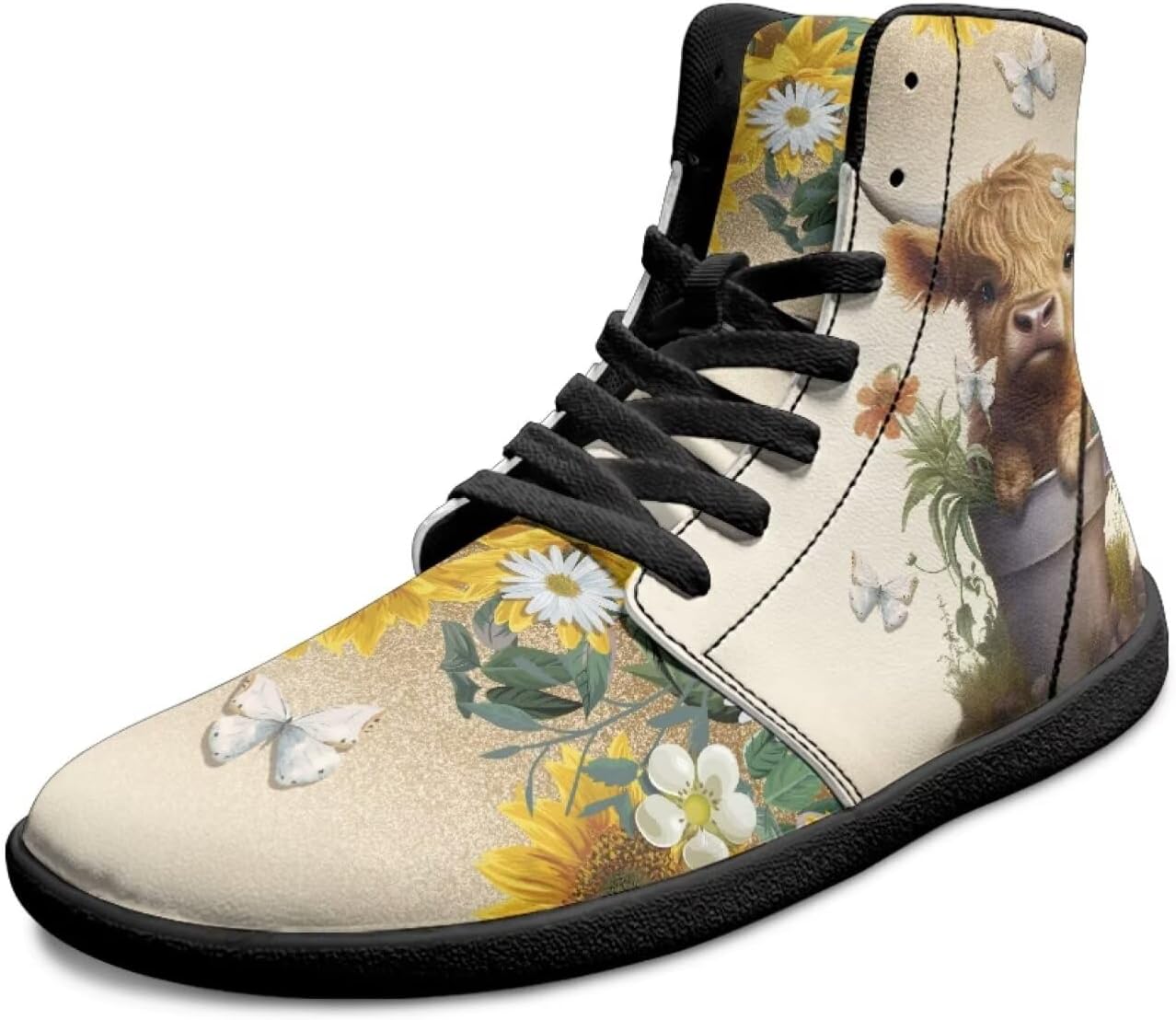 

Высокие мужские кроссовки для ходьбы босиком, противоскользящие, на шнуровке, с широким носком, повседневные, дышащие, для ходьбы и тренировок Xixirimido, Sunflower Highland Cow