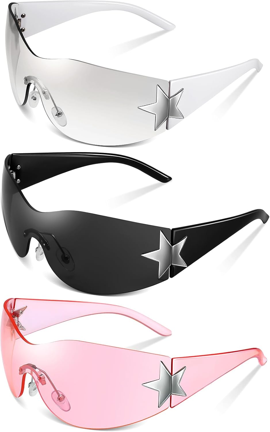 

3 пары солнцезащитных очков без оправы в стиле Y2K для женщин и мужчин. Модные солнцезащитные очки-щитки с обтекаемой формой, в стиле 2000-х. Стильные очки в стиле «звезда» GGSTDDUP, Black, Pink, Silver