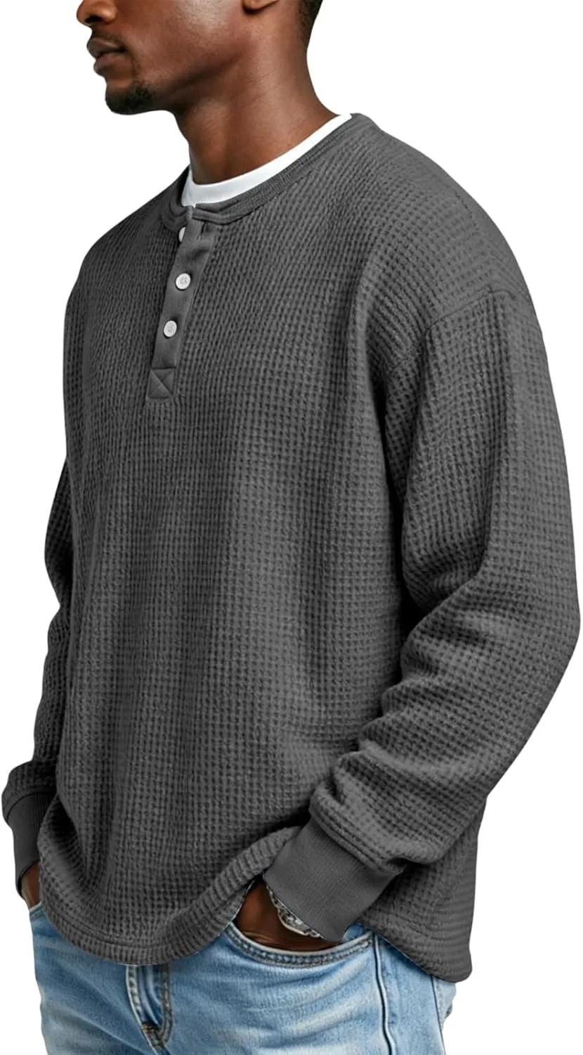 Мужская футболка-поло Waffle Knit Henley, длинный рукав, Regular Fit, S-4XL — фото 3