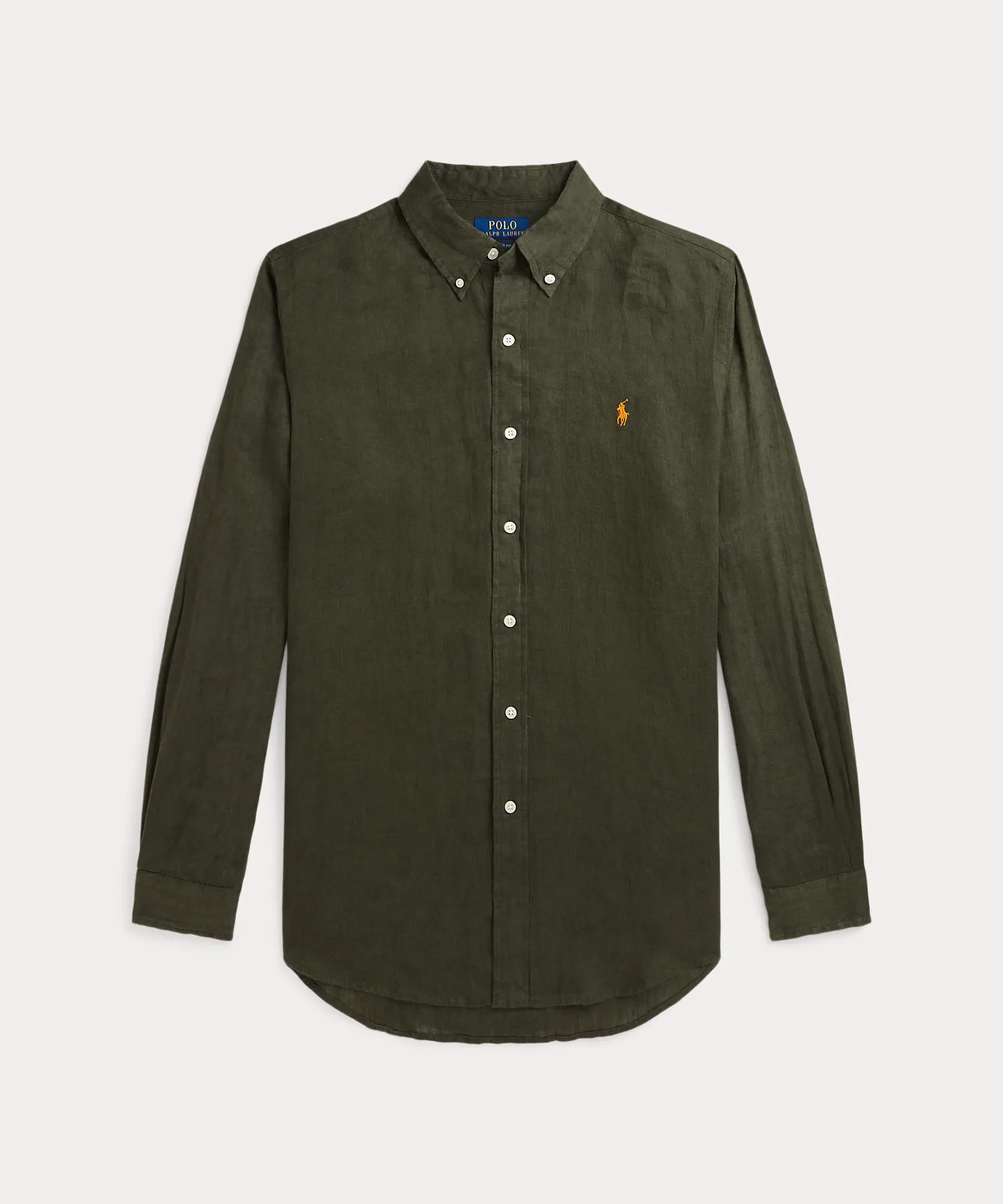 Мужская рубашка классического кроя из льна с пони-вышивкой POLO RALPH LAUREN зелёная