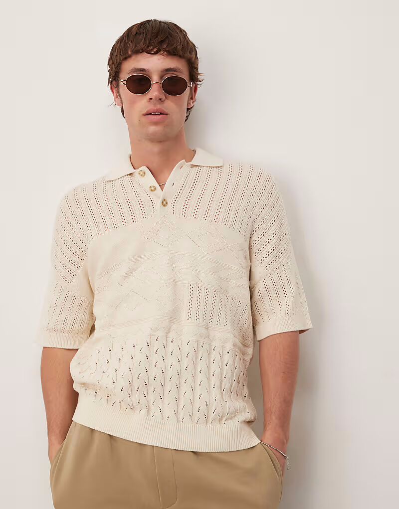 

Свободное трикотажное поло ASOS DESIGN с ацтекской текстурой в цвете экрю