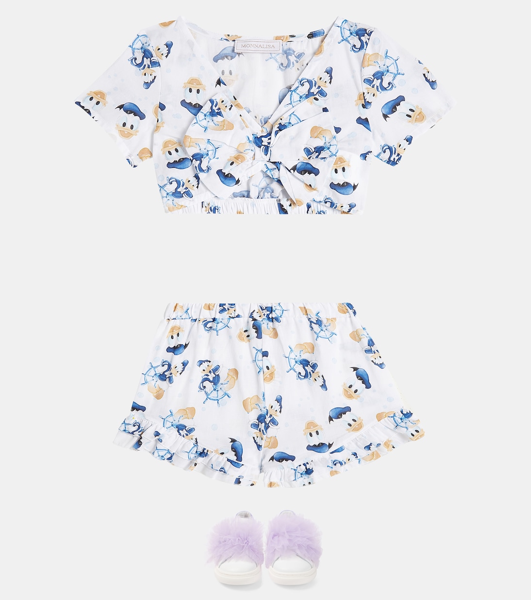 Комплект из хлопкового топа и шорт с принтом Monnalisa, Bianco+Bluette — фото 2