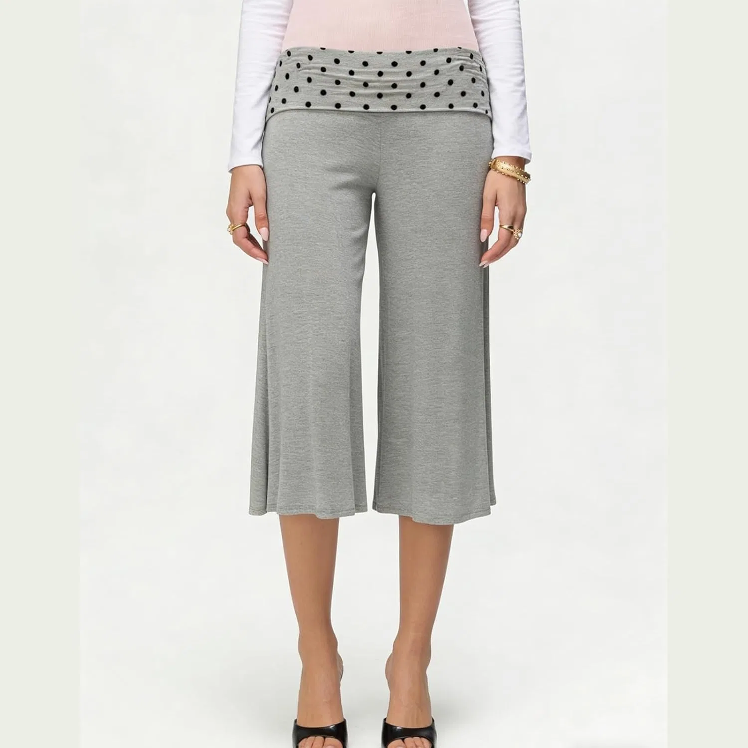 Брюки-капри йога flare wide leg с низкой посадкой, отворотом на поясе, белые — фото 4