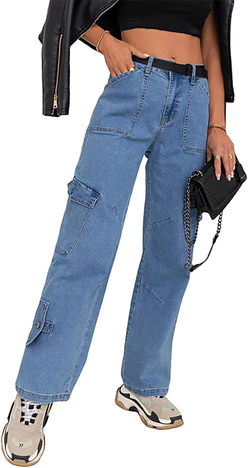 

Высокие карго джинсы для женщин прямые широкие с растяжкой HBER