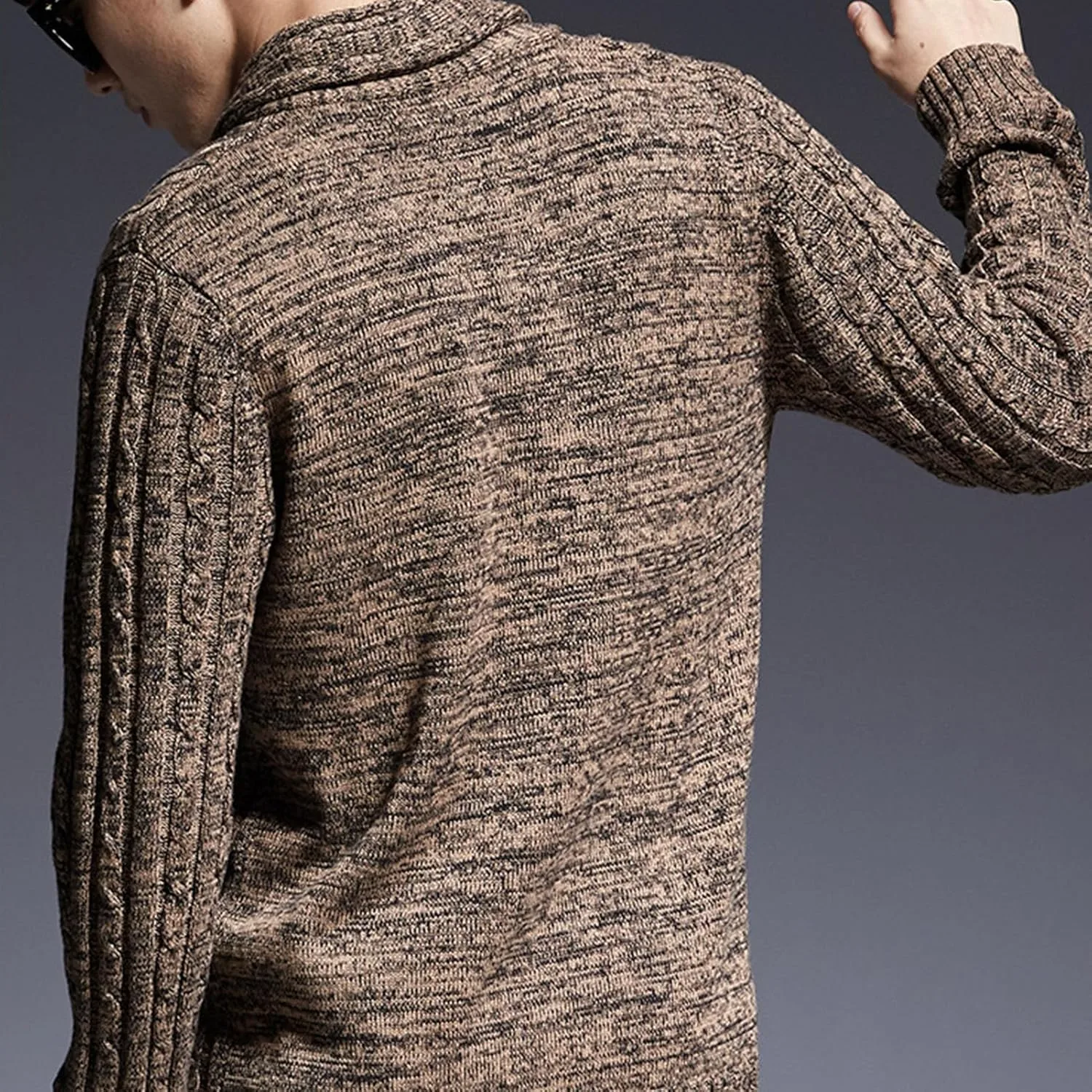 Кардиган мужской с шалью, длинный рукав, зимний, slim fit, кабельная вязка — фото 2