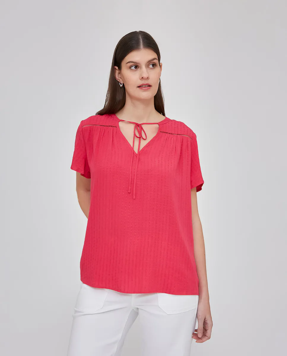 

Женская блуза с V-образным вырезом и вставкой энтредо October, фуксия