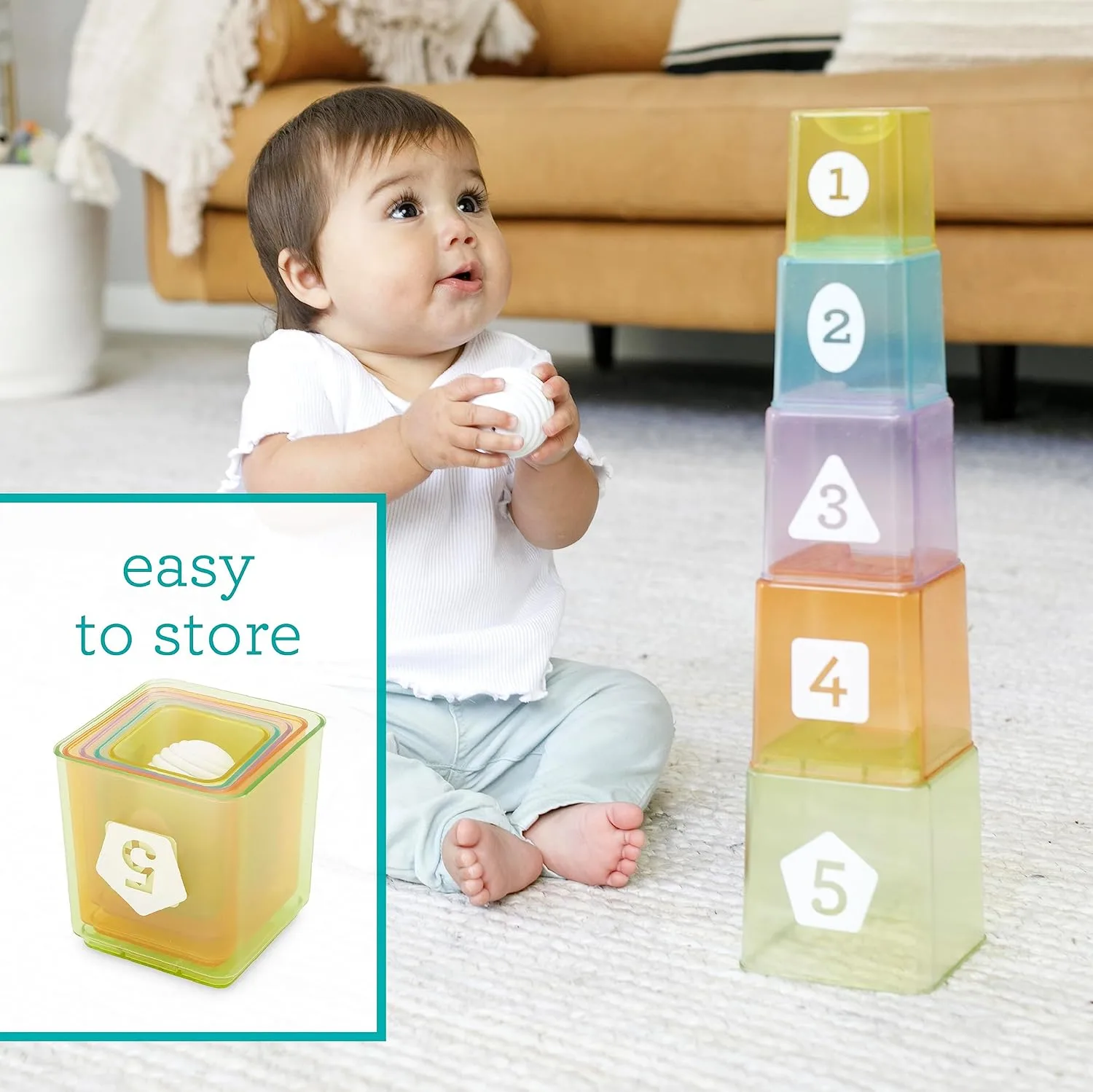 Набор Infantino Learning Set Cups and Balls, разноцветный, 6 предметов, включает 1 мяч, 5 стаканчиков для строительства — фото 3
