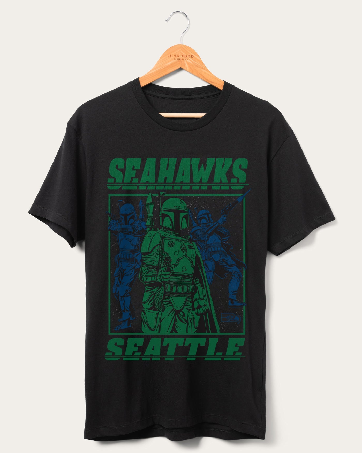 

Футболка фаната Seahawks Star Wars Boba Fett Showdown Junk Food Clothing, черный