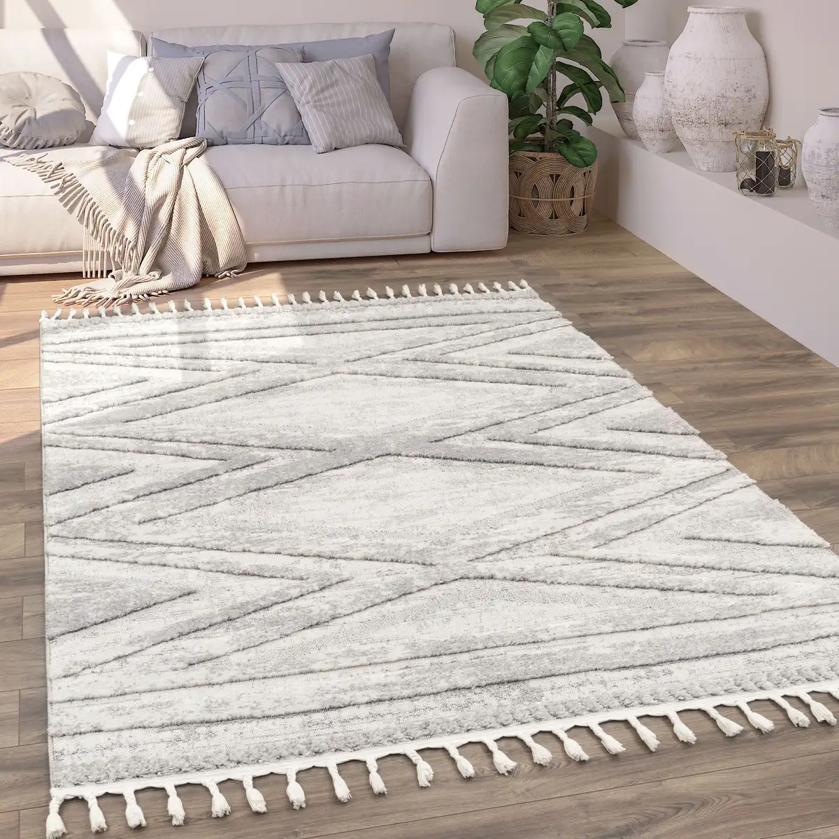 

Ковер Paco Home "Auckland 295", прямоугольный, короткий ворс, крапчатый, ромбовидный узор, эффект high-low, с бахромой 160х230 см, серый
