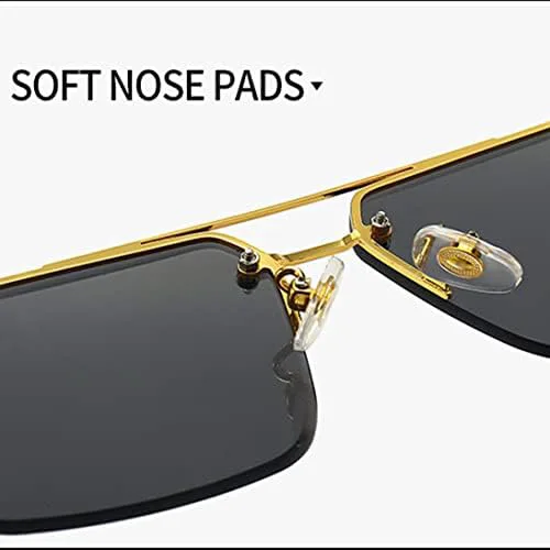 

Солнцезащитные очки без оправы с принтом для женщин и мужчин, винтажные солнцезащитные очки с металлическими линзами, защита от УФ-излучения UV400 MTZJH, Gold Blue