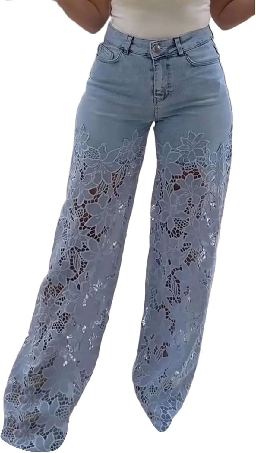 

LETSVDO женские джинсы с кружевными вставками, высокие, прямые, широкие