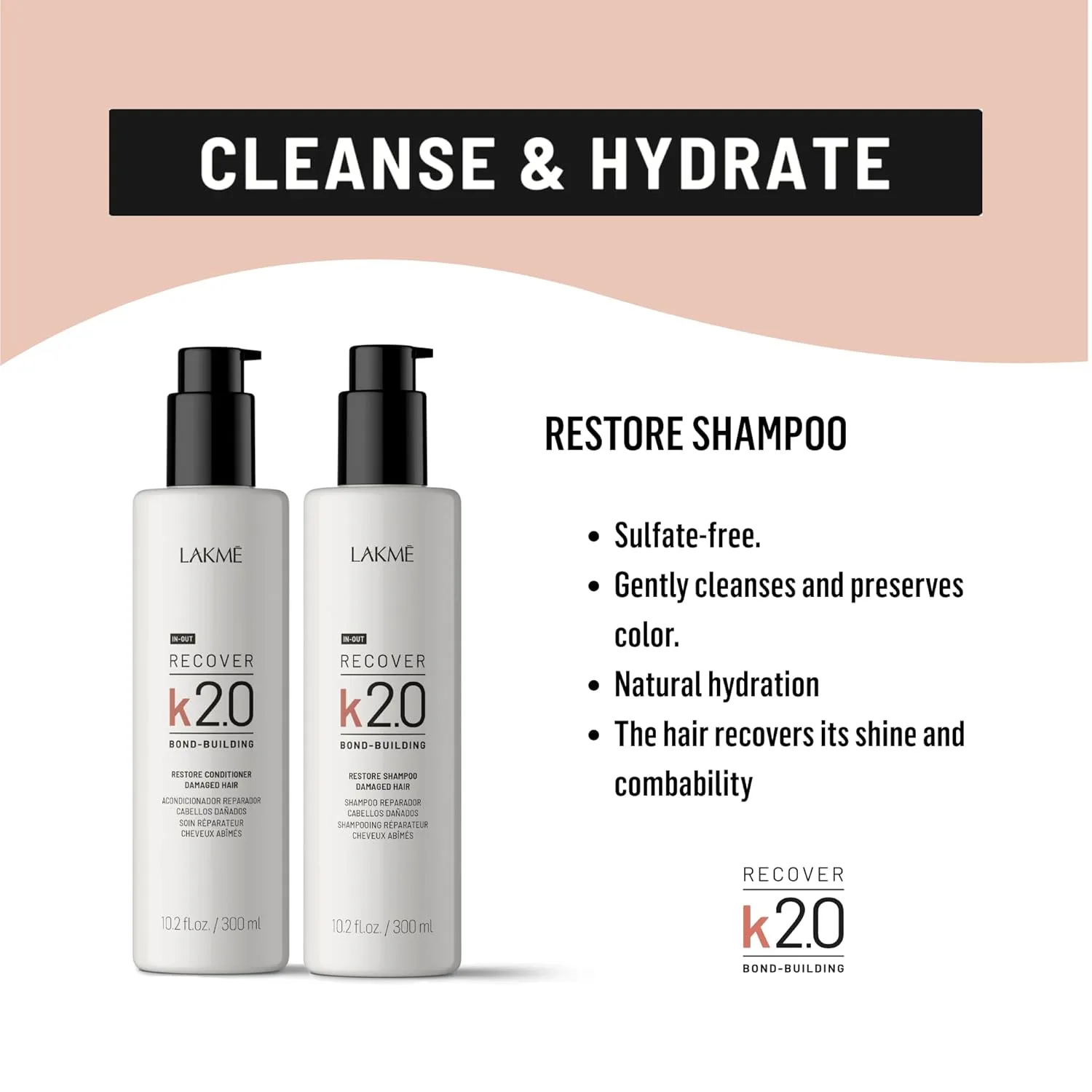 Шампунь Lakmé K2.0 Recover Restore, восстанавливающий шампунь для сухих и поврежденных волос, укрепляет и защищает волокна, без сульфатов, защита цвета, 10,2 жидких унций. — фото 4