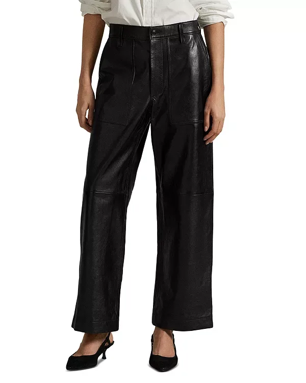 Кожаные широкие укороченные брюки-рика Ralph Lauren, Black