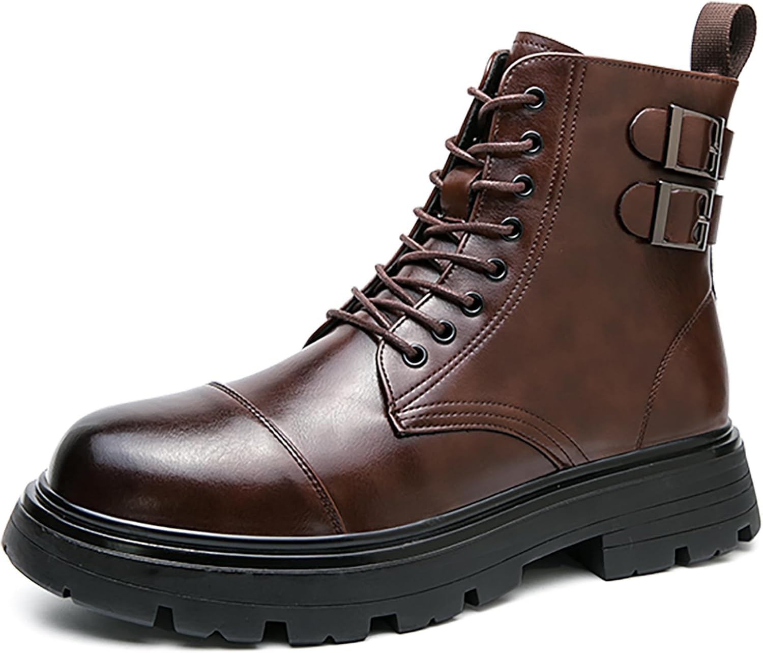 

Мужские кожаные ботинки с массивным каблуком и боковыми молниями, винтажный круглый носок, шнуровка, подошва с протектором, нескользящие, ботинки-чукка до щиколотки, деловые повседневные, высокие мотоциклетные ботинки Ghibhna, коричневый