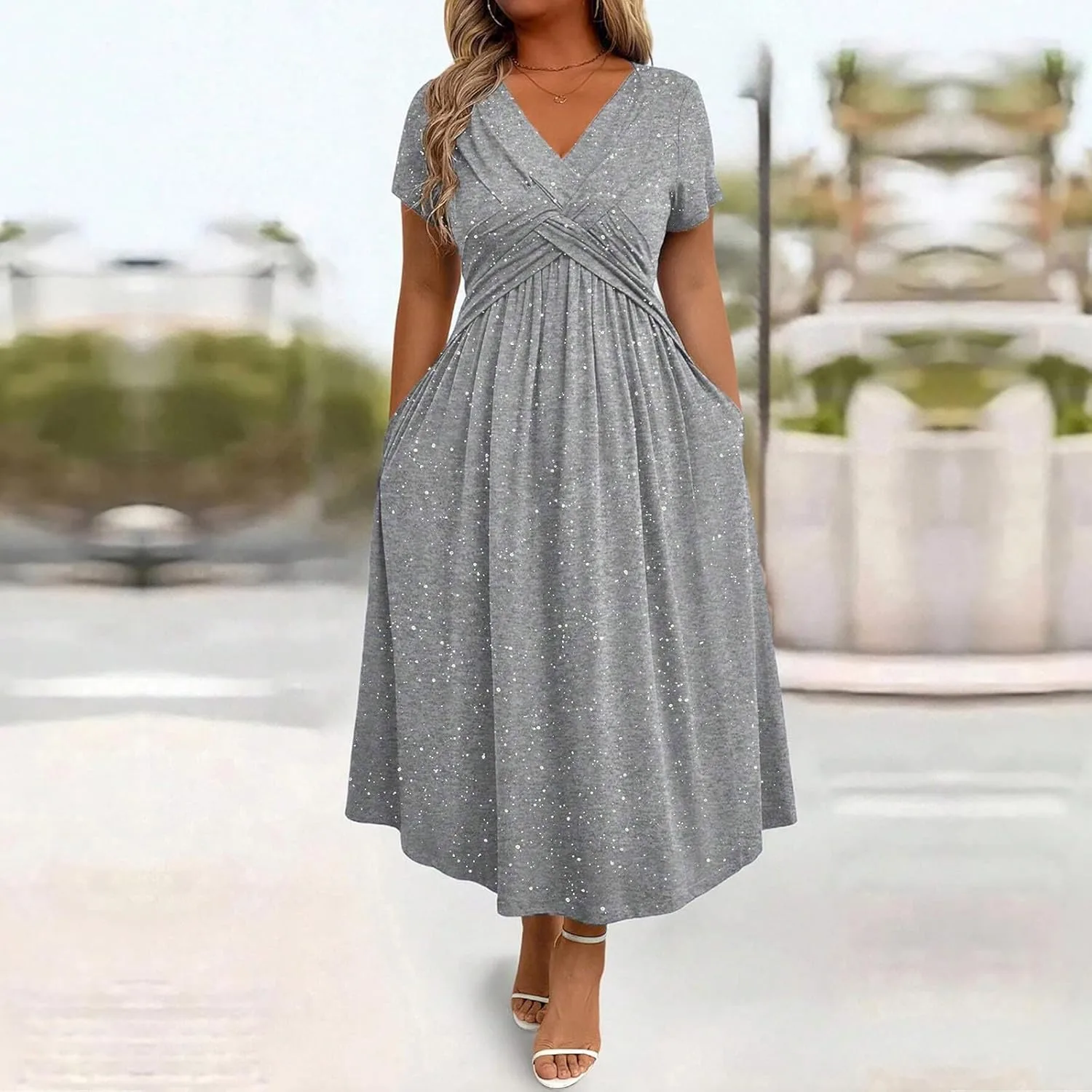 Блестящее повседневное платье-футболка для женщин с карманами Plus Size, струящееся платье с перекрестными деталями, удобная одежда Generic, серый — фото 2