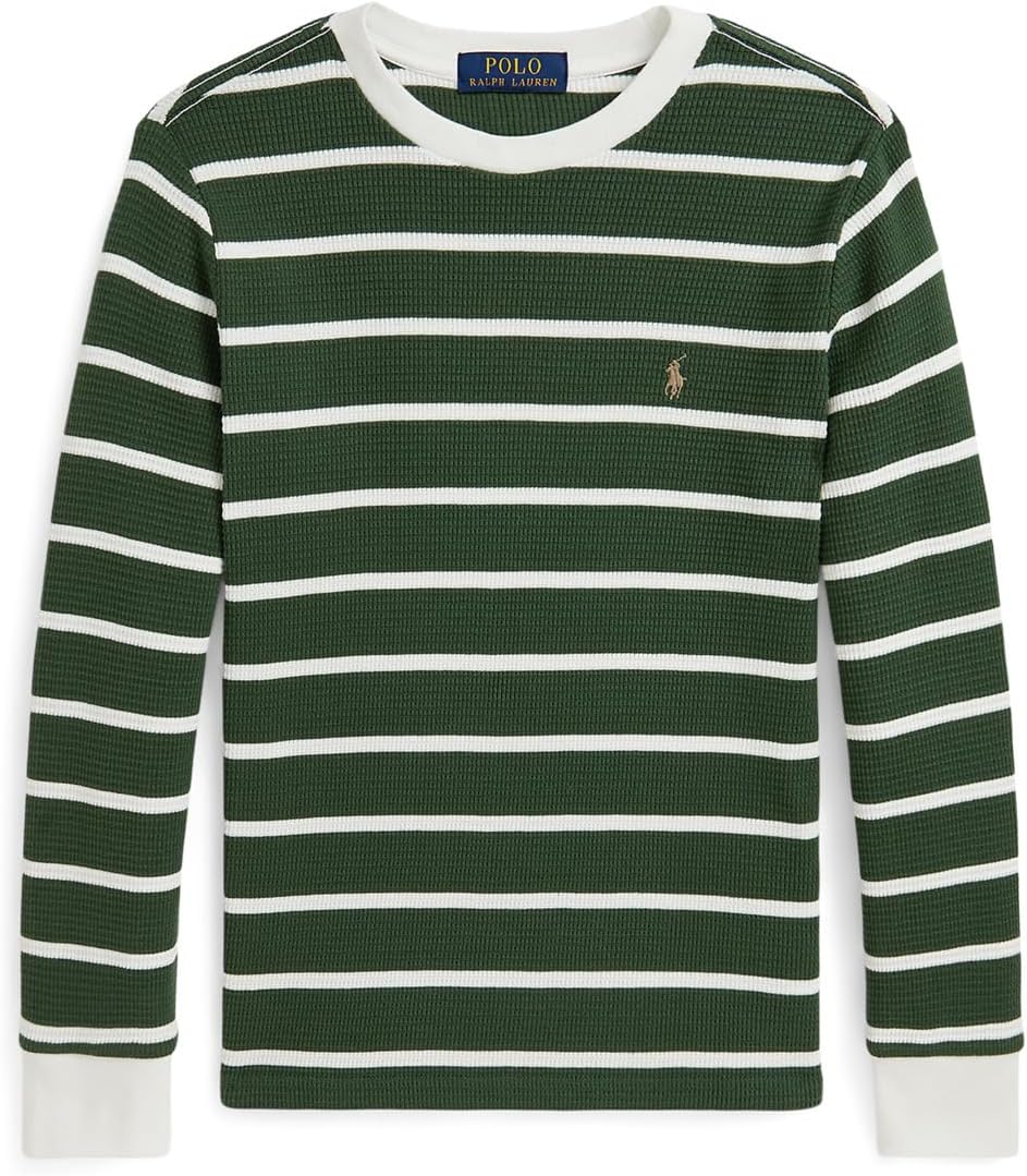 

Футболка из хлопка с длинным рукавом в полоску и вафельным узором Polo Ralph Lauren Kids, Bottle Green/Trophy Cream