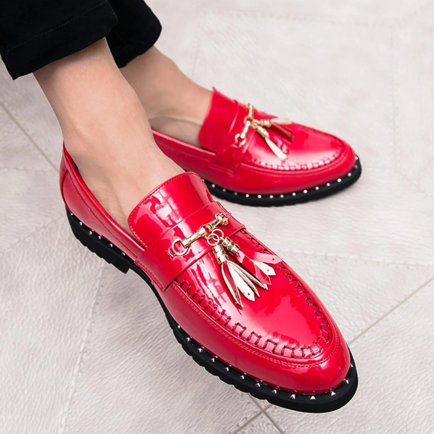 Лоферы на каждый день, Patent Leather, Black White Red — фото 2