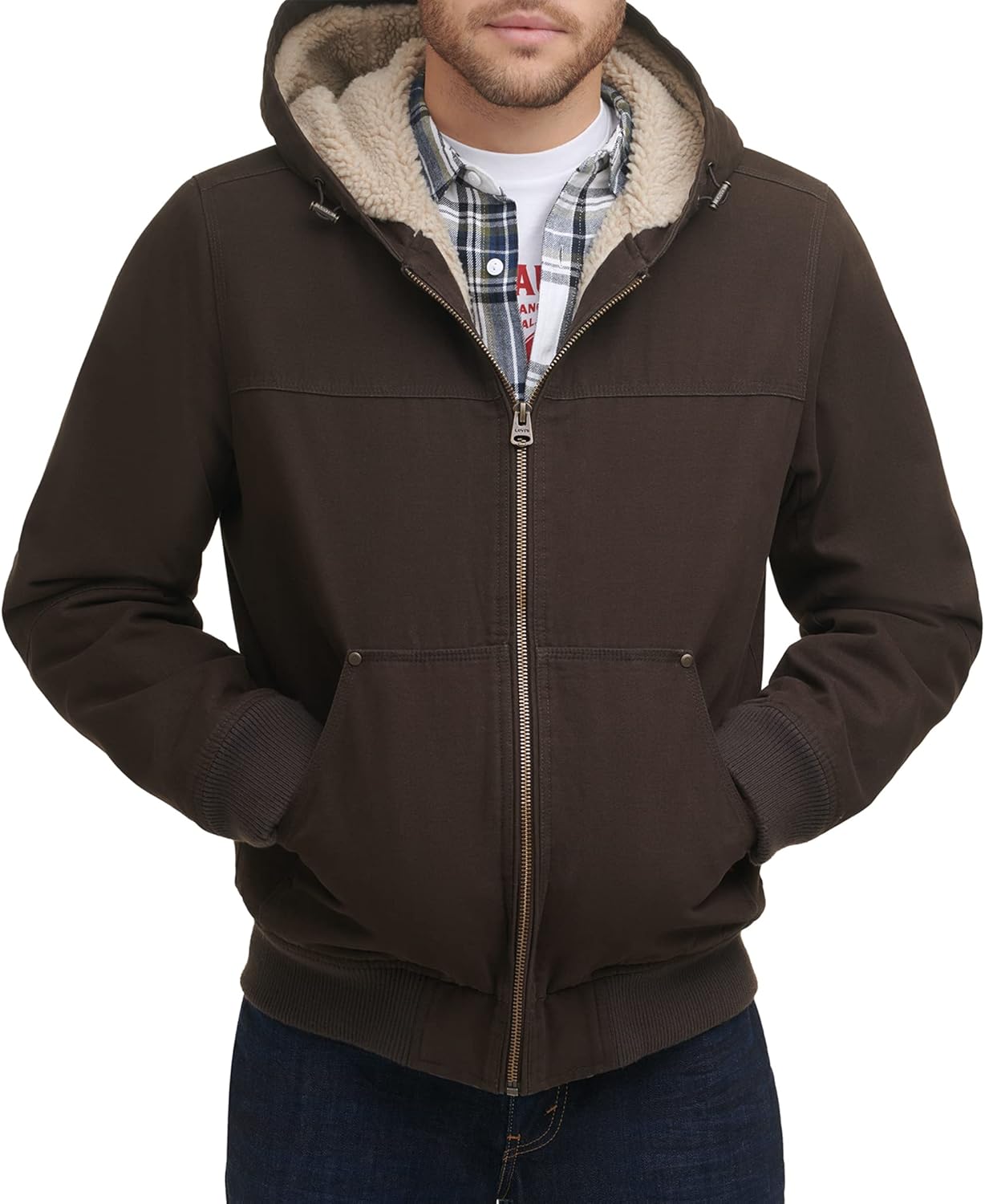 

Мужская рабочая куртка-бомбер Levi's из хлопчатобумажной ткани с капюшоном (стандартные размеры, большие и высокие), Dark Brown 2