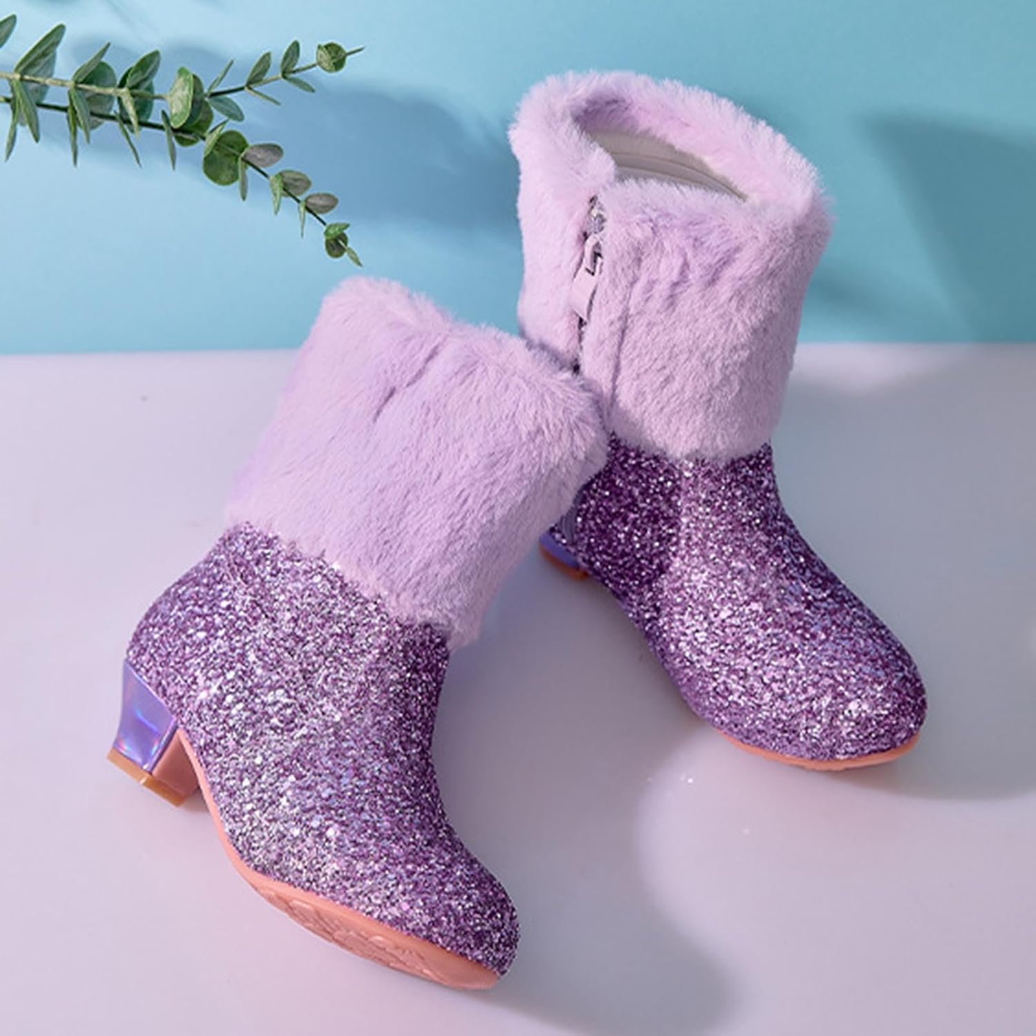 Блестящие ковбойские ботинки Ctreela для маленьких и больших детей с блестками, каблук, средняя голень, заостренный носок, для вечеринок и дней рождения, фиолетовый — фото 3