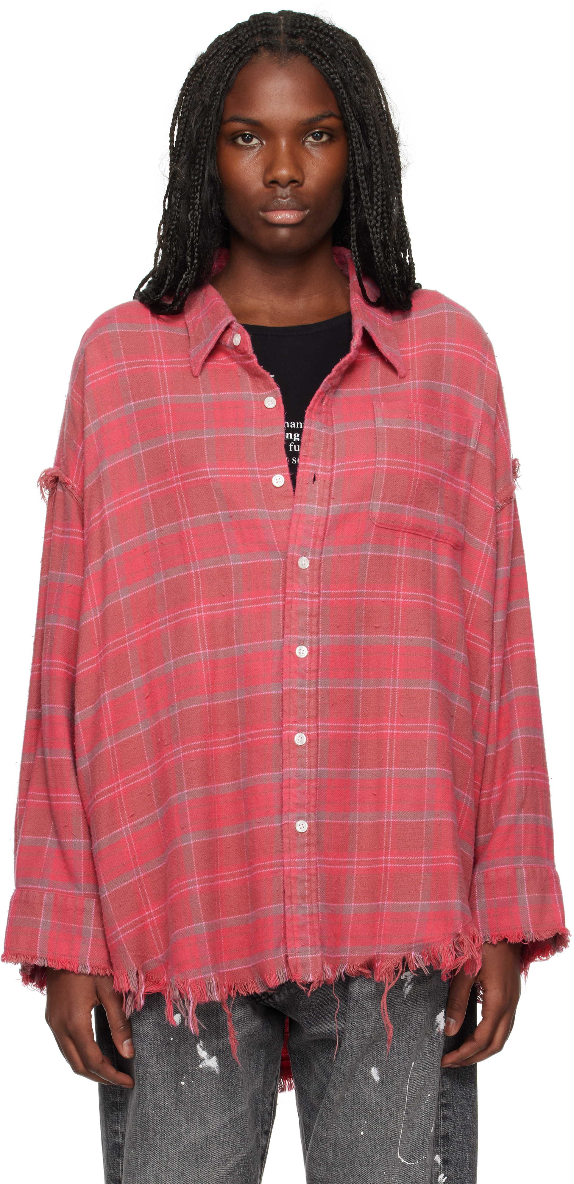 

Розовая рубашка с глубоким вырезом и рваными швами R13, Raspberry overdyed plaid