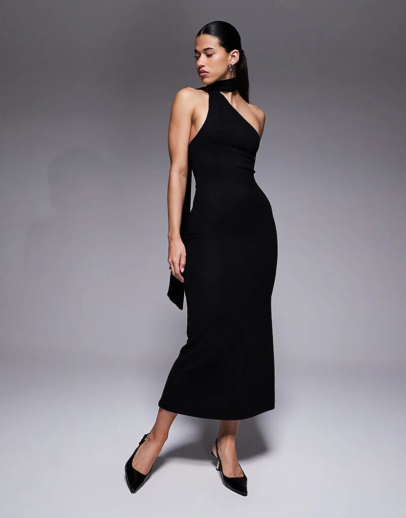 

Платье миди на одно плечо с воротником-шарфом ASOS DESIGN черного цвета