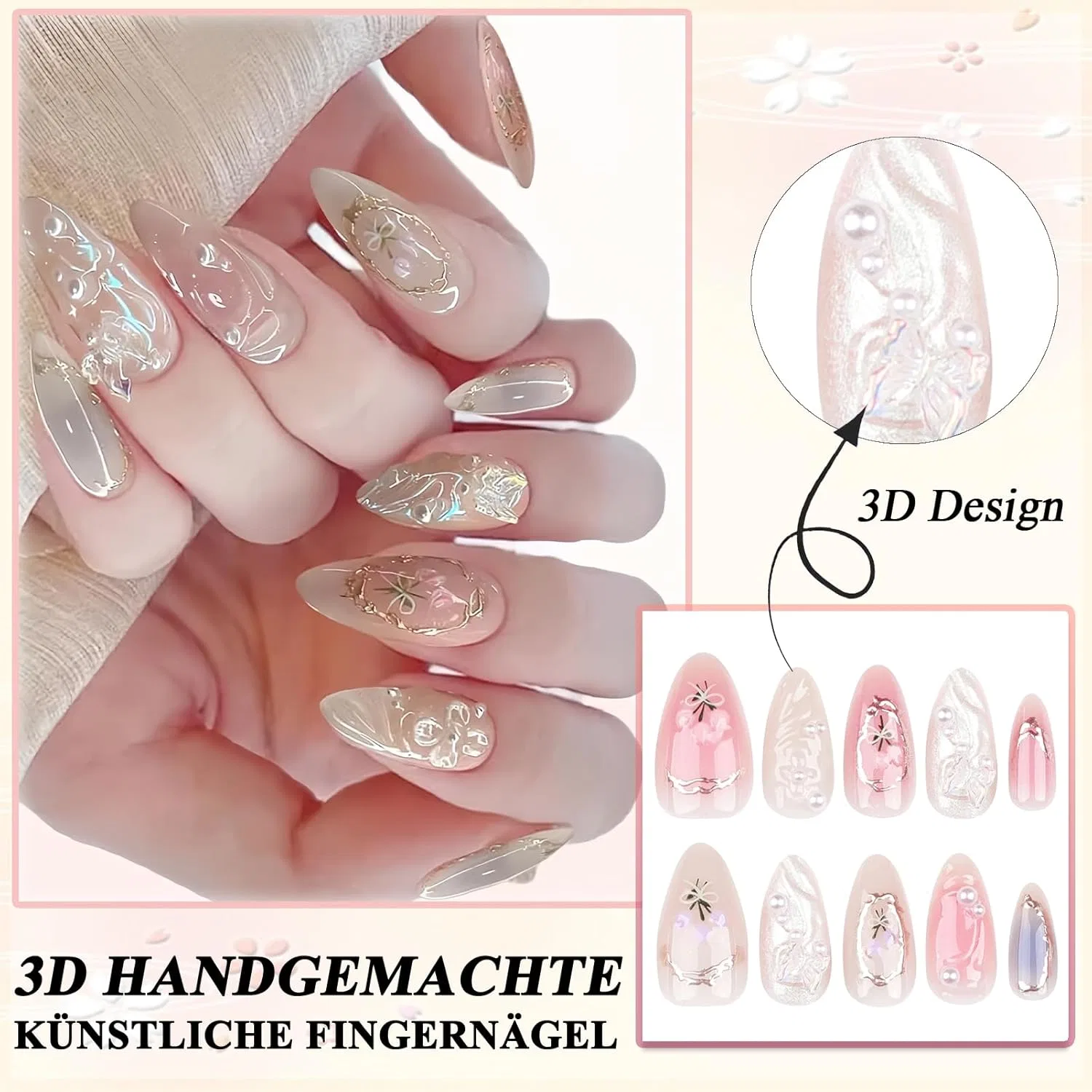 Накладные ногти «Миндаль» с 3D-дизайном, 24 шт. Virellay, Jp3299 Light Pink — фото 2