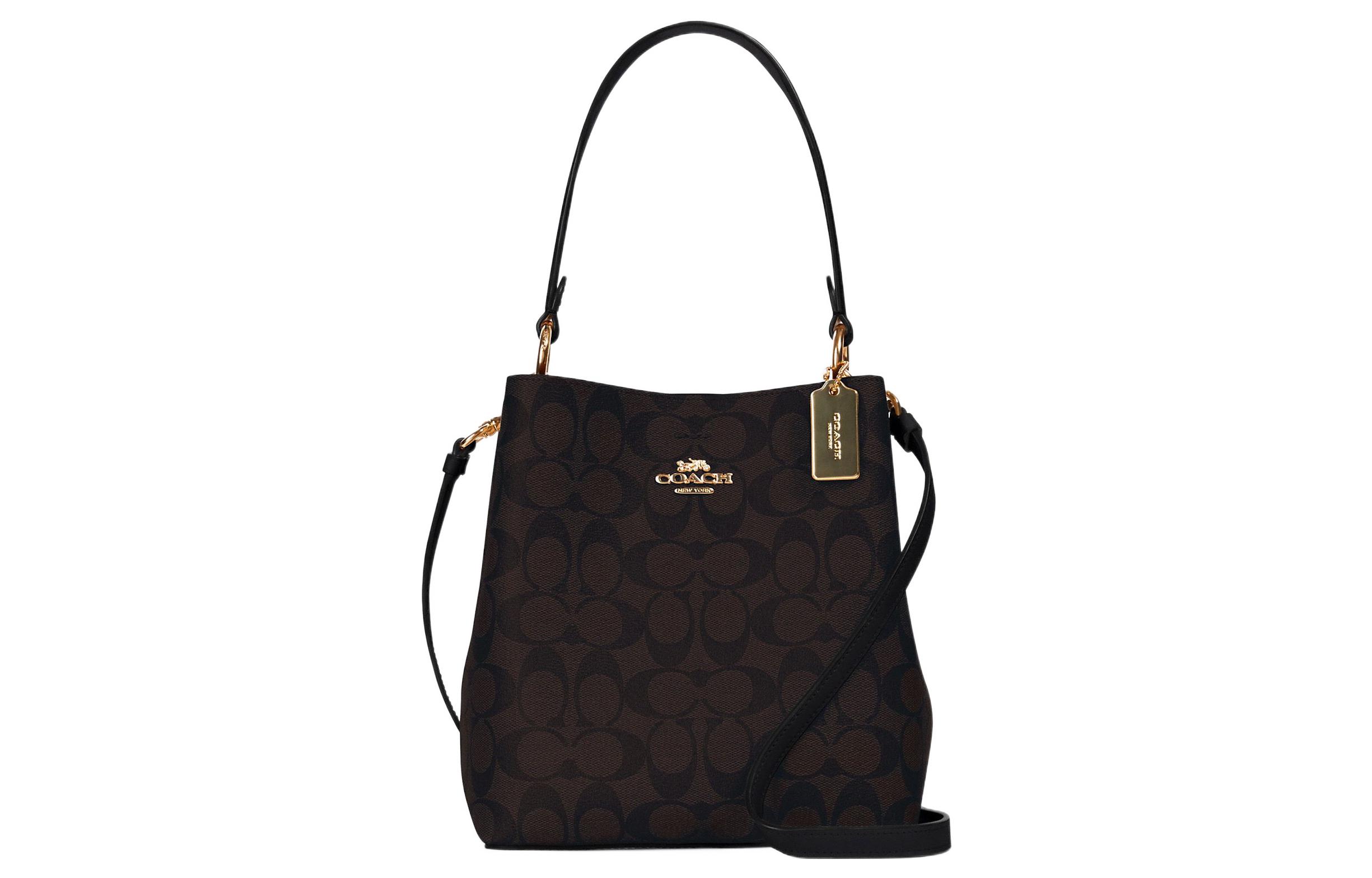 

COACH Сумка-ведро Town Canvas с кожей, дамская сумка, сумка через плечо, женская, темно-коричневая