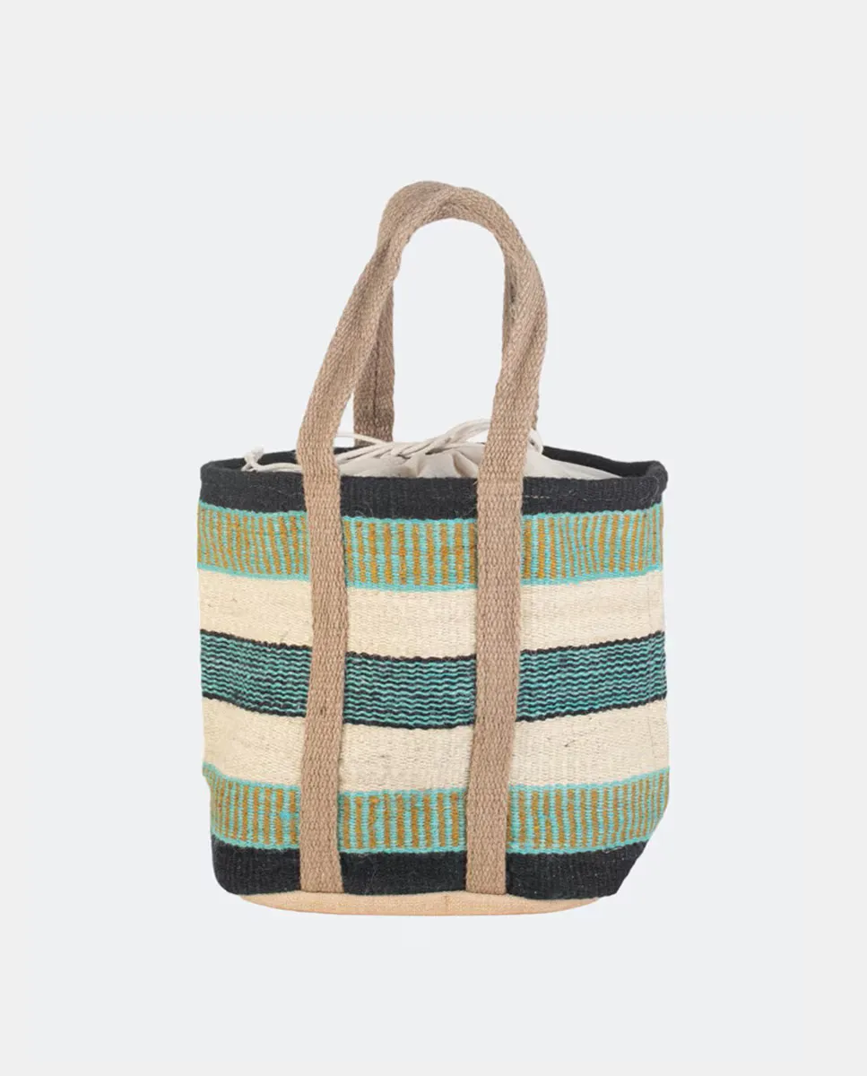 

Разноцветная джутовая сумка в аквамариновых тонах с ручками натурального цвета Kbas, бирюзовый