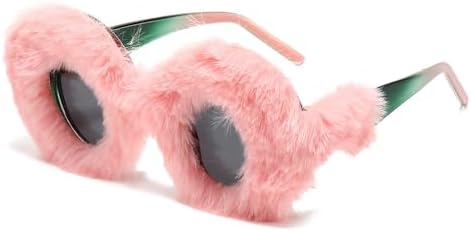 

Круглые плюшевые солнцезащитные очки 2027 года для женщин, винтажные, большие, декоративные, зимние, термоочки, пушистые, с защитой от УФ-излучения UV400 MTZJH, Pink Green