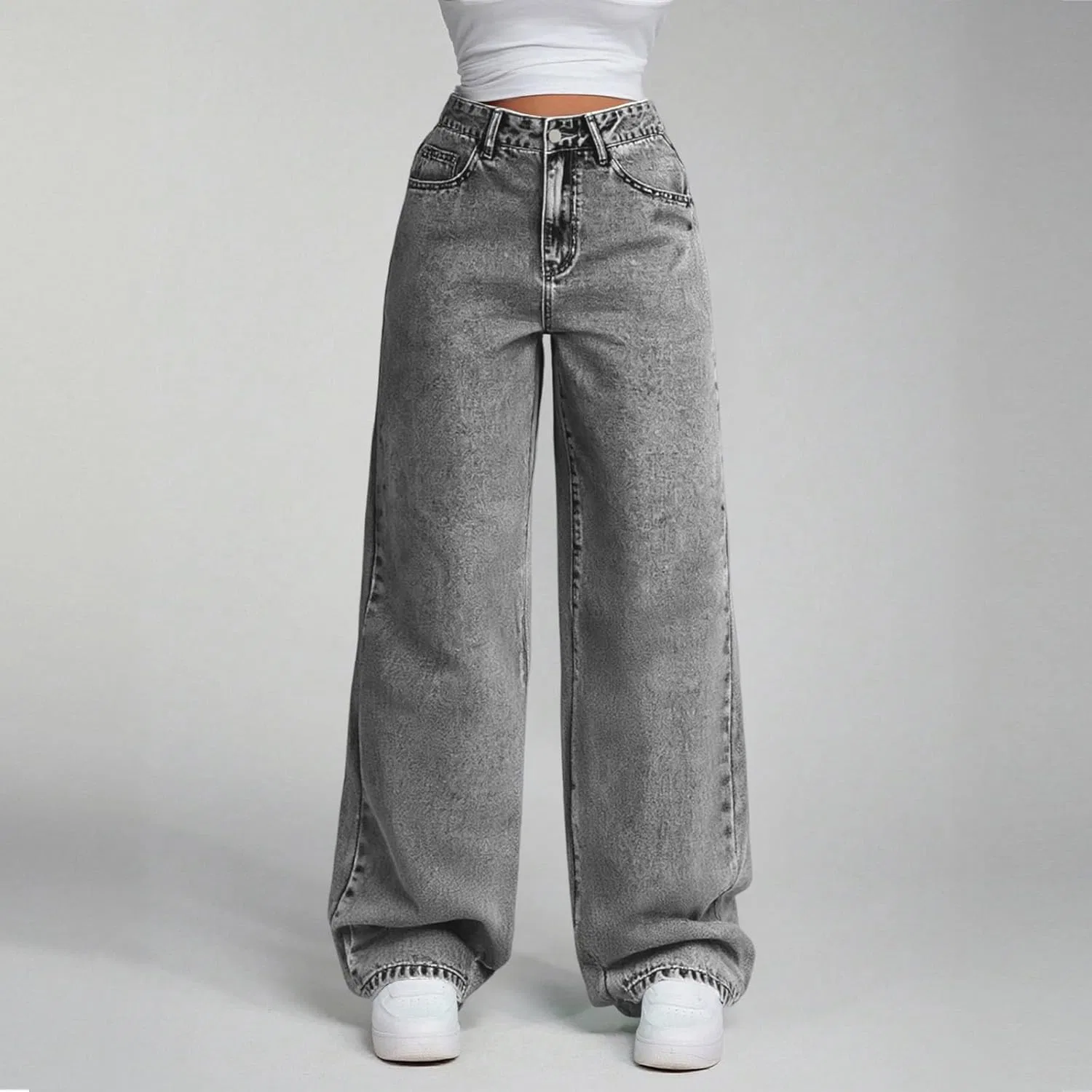 Джинсы свободные Wide Leg, светло-серый — фото 3