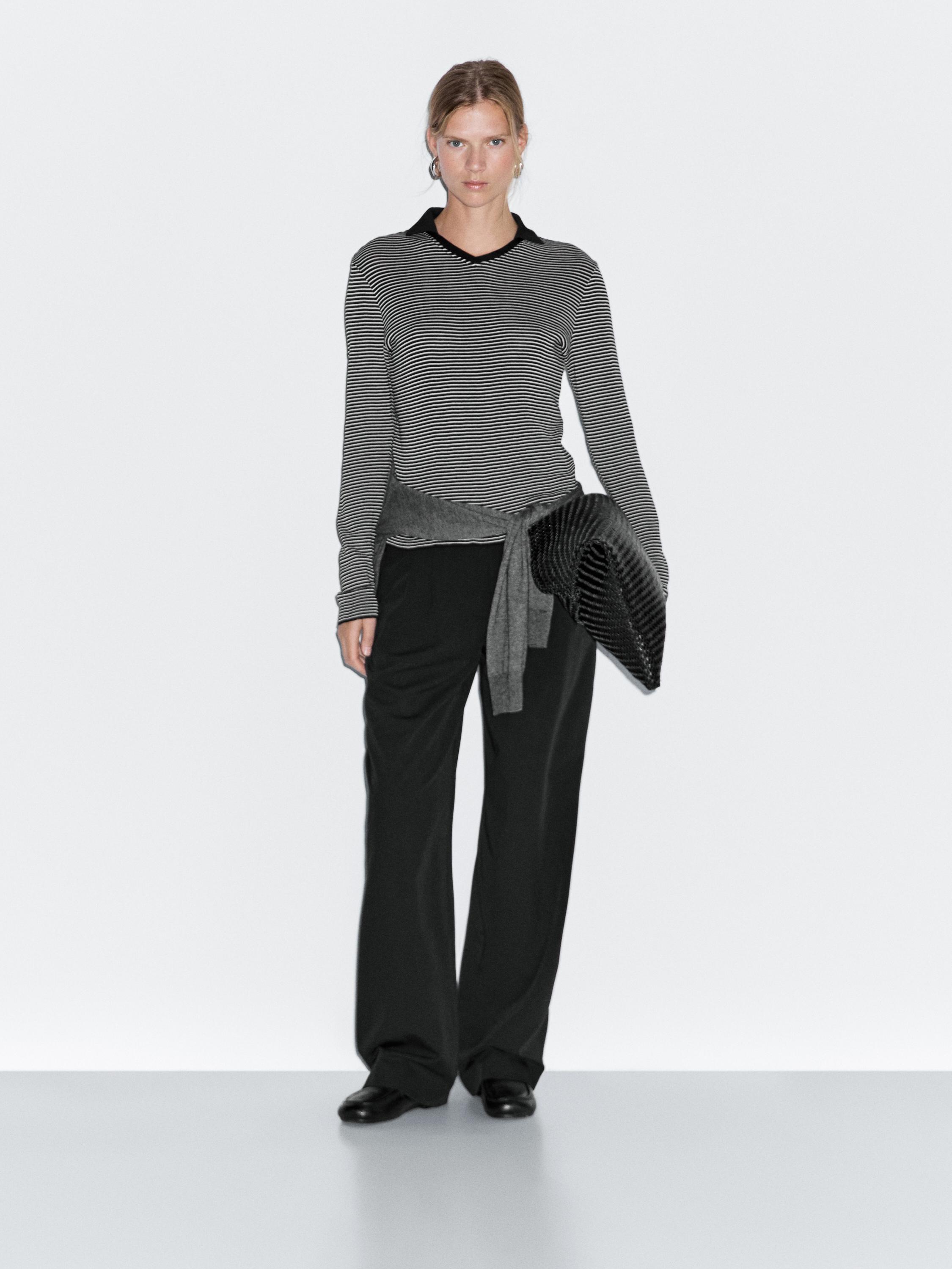 

Полосатая рубашка-поло с длинным рукавом Massimo Dutti, черный