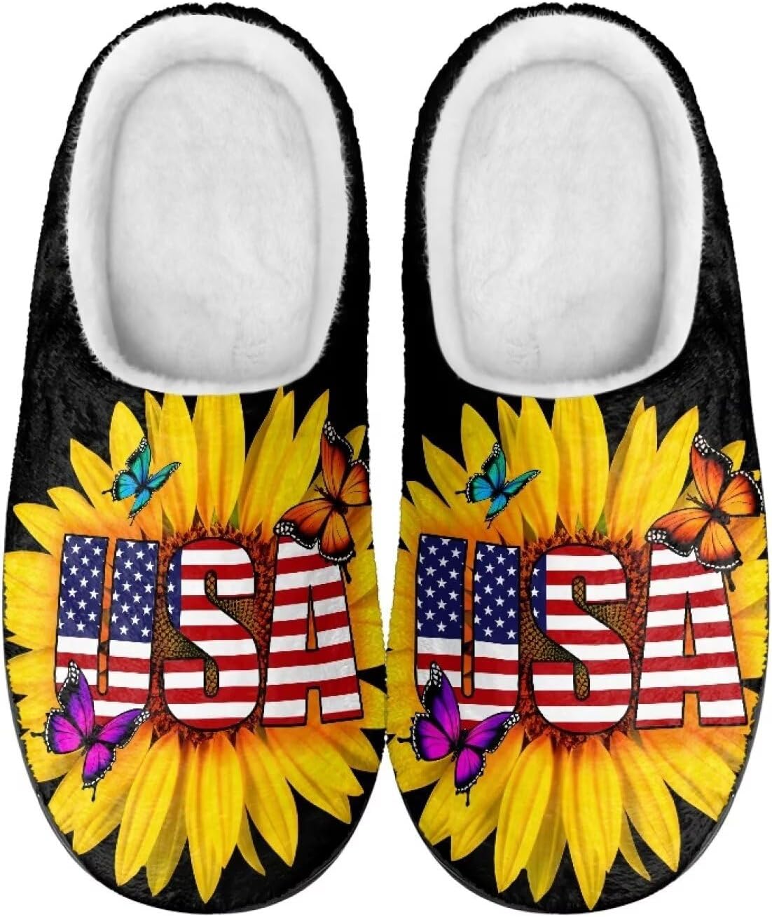 

Мужские и женские плюшевые тапочки, фланелевые теплые мягкие уютные тапочки, домашняя обувь для спальни/улицы, размеры 3-15 Zcfygdx, Sunflower Butterfly Usa Text Print