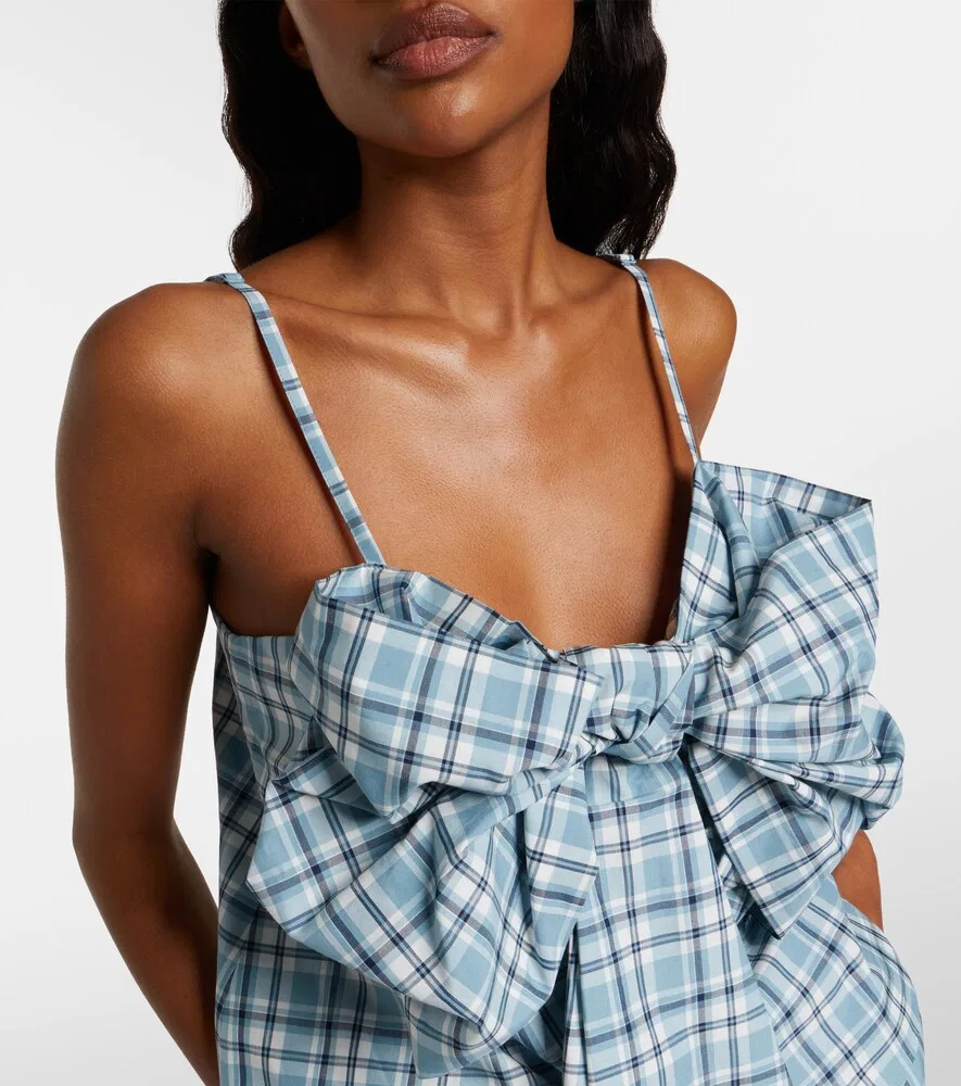 Хлопковый топ в клетку с бантом Acne Studios, синий — фото 3