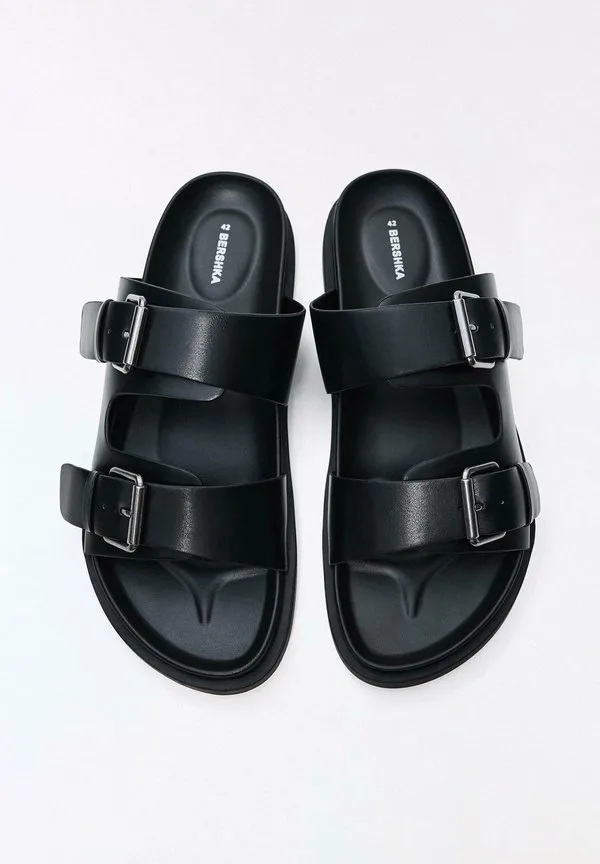 Мюли на плоской подошве с пряжками Bershka, Black — фото 3