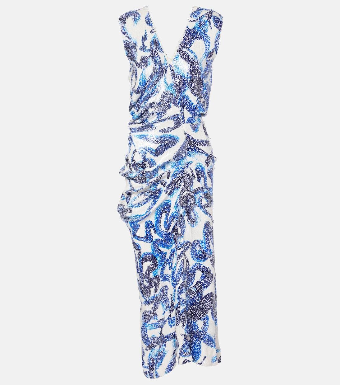 

Платье миди с пайетками и драпировкой Dries Van Noten, синий