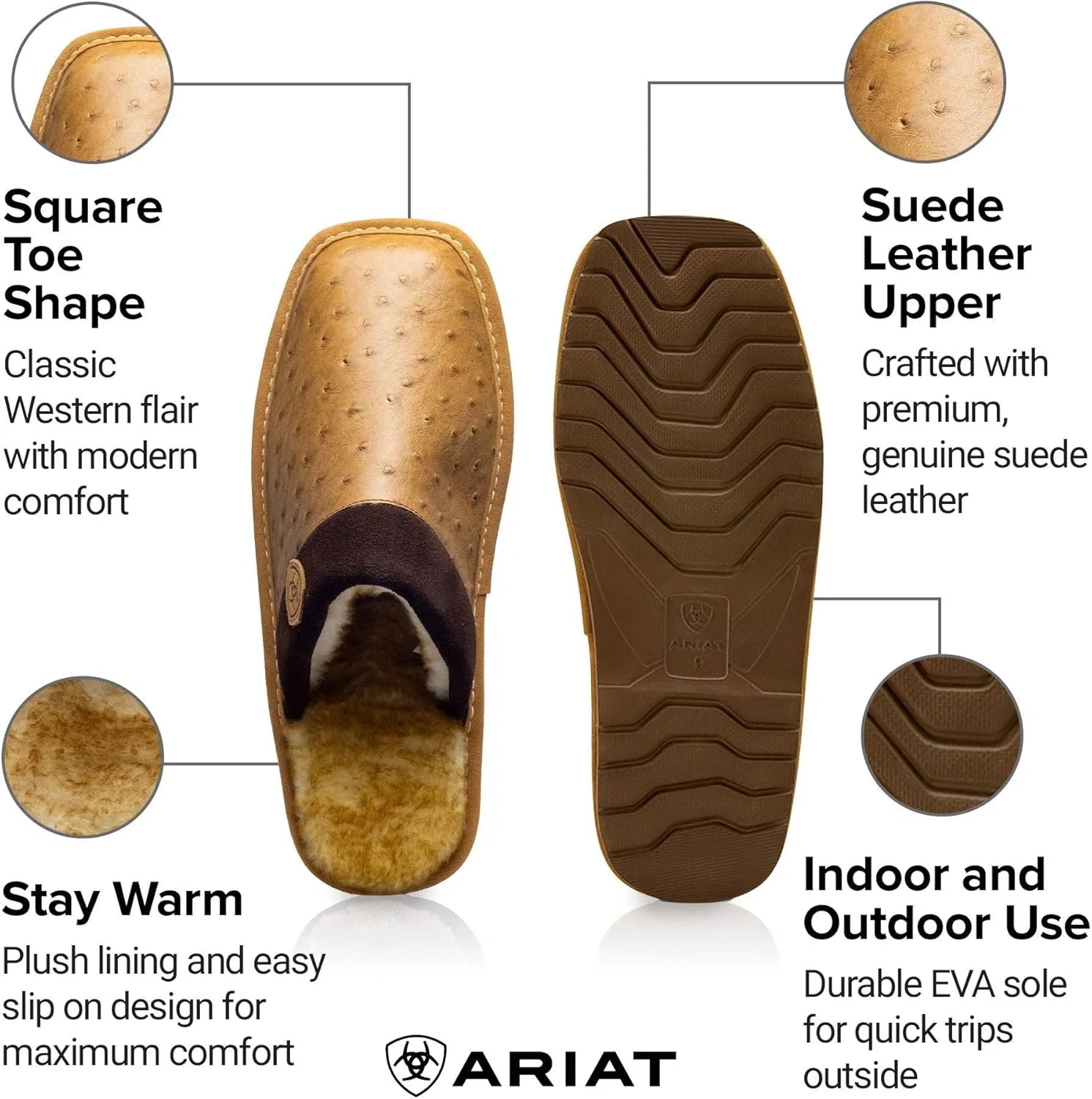 Мужские теплые и удобные домашние/уличные тапочки ARIAT Silversmith из экзотической кожи с кожаным верхом — фото 3
