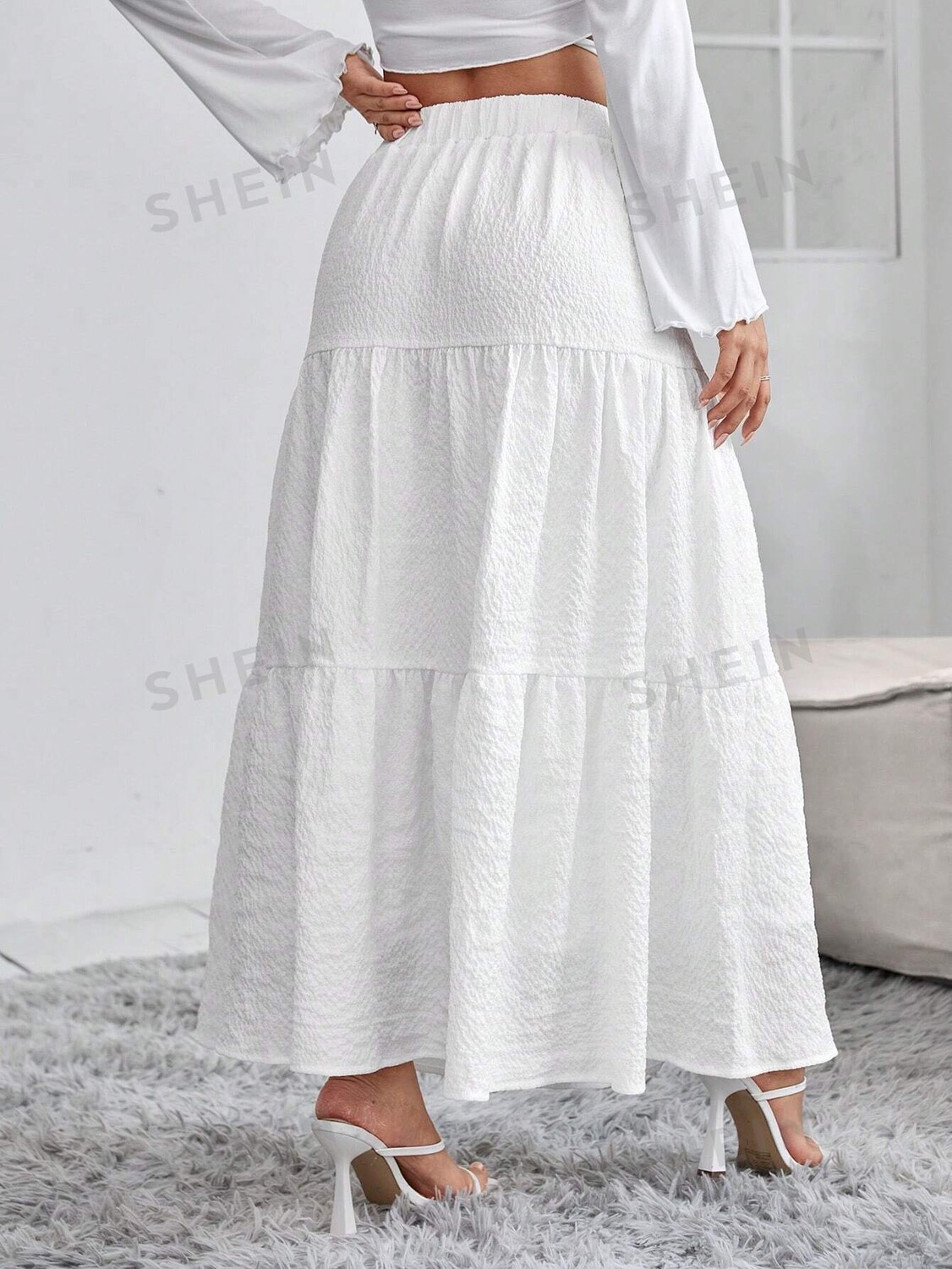 

PETITE Юбка, одноцветная, рюши/рюши, сетка-вышивка Shein, белый