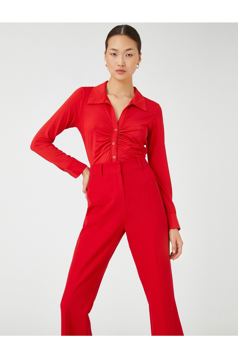 

Драпированная рубашка с длинным рукавом Slim Fit Koton, красный