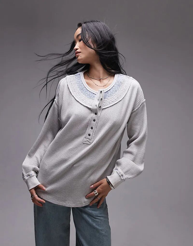 

Свободный свитер с вафельным узором хенли в меланжевом сером цвете Free People