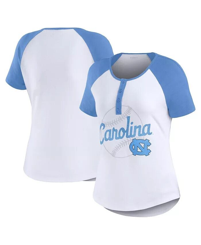 

Женская белая рваная футболка с логотипом North Carolina Tar Heels и логотипом Raglan Henley Wear By Erin Andrews, белый